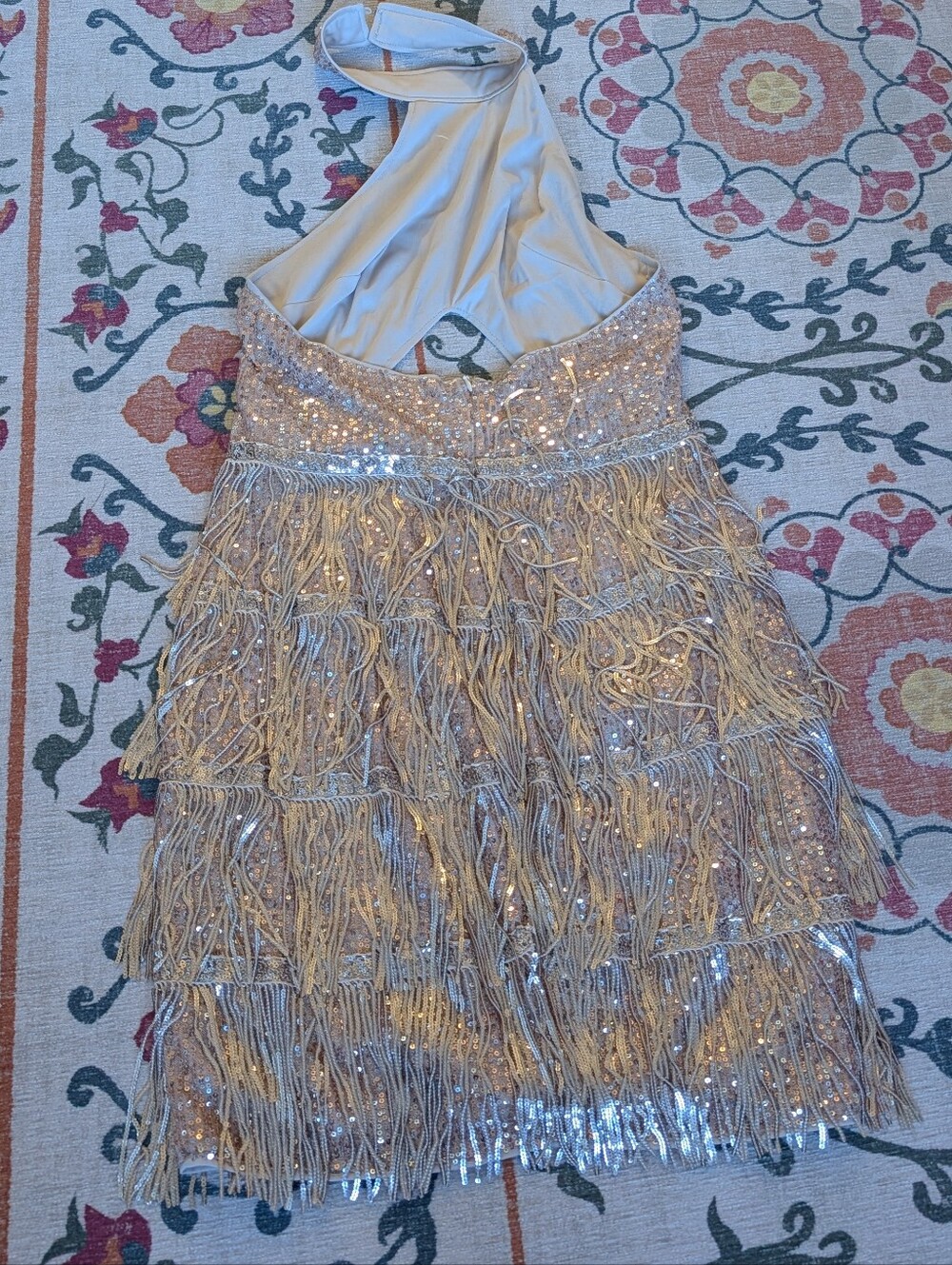 Glamine Champagne Sequin Fringe Halter Mini Dress - Size Large (8/10) - Picture 4 of 4